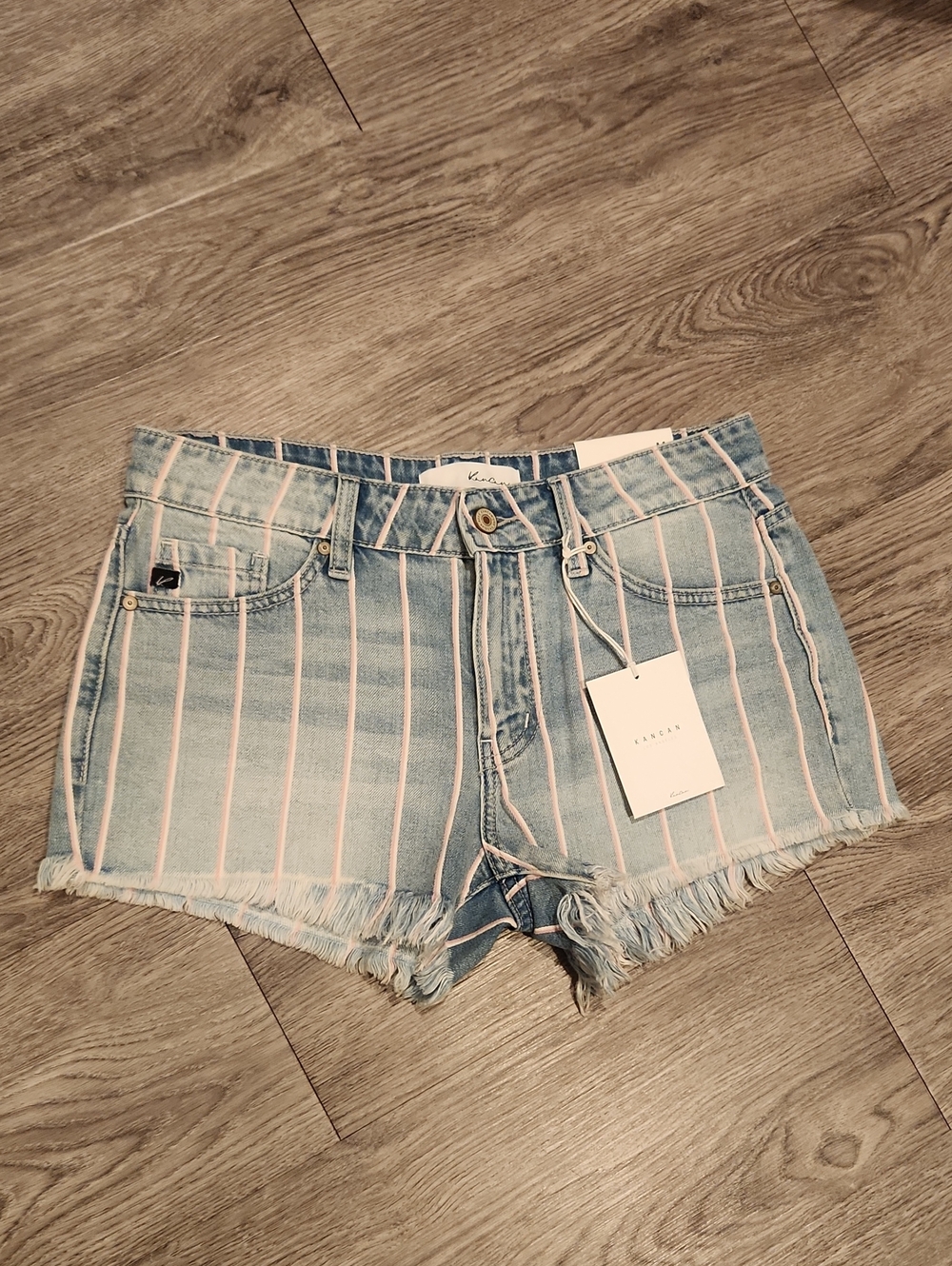 NWT- KanCan Light Blue Denim Shorts w/Pink & White Pinstripes- Medium